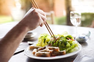 Asian vietnamese food - fresh spring rolls with basil salad and carrot