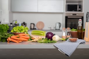 A set of variety vegetable on kitchen counter bar. Healthy eating with vegetarian concepts.