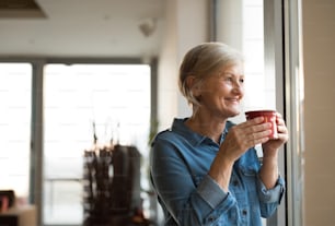 Schöne ältere Frau zu Hause, die am Fenster in ihrem Wohnzimmer steht und eine Tasse Kaffee oder Tee hält und lächelt