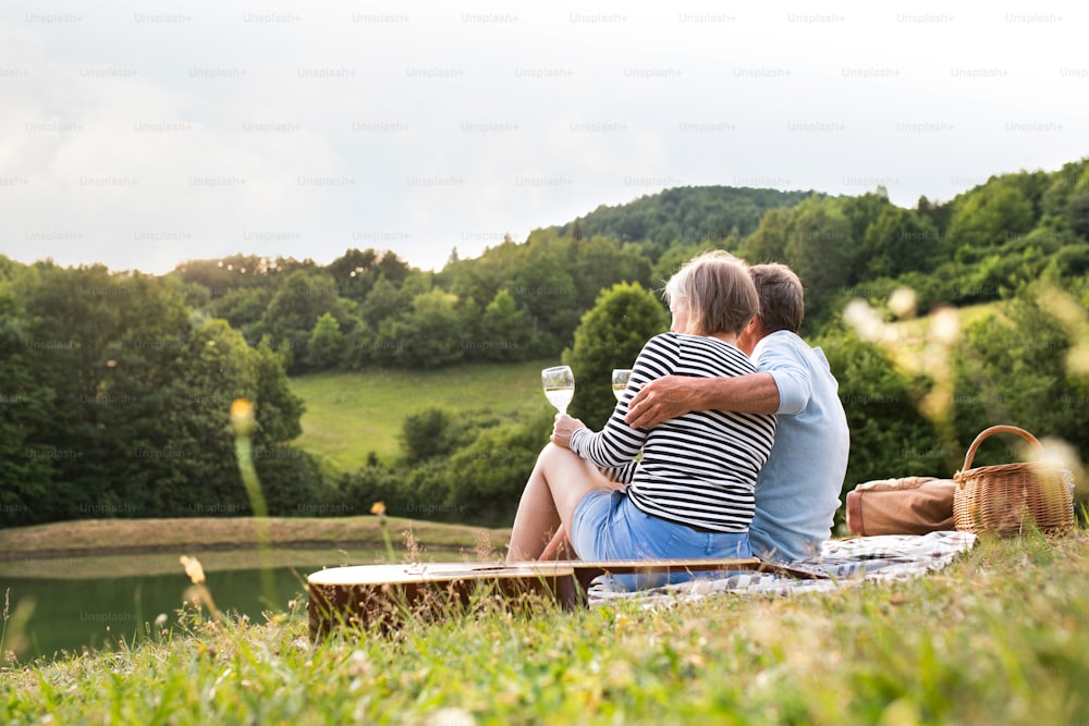 Bella coppia anziana al lago che fa un picnic. Verde natura estiva soleggiata.