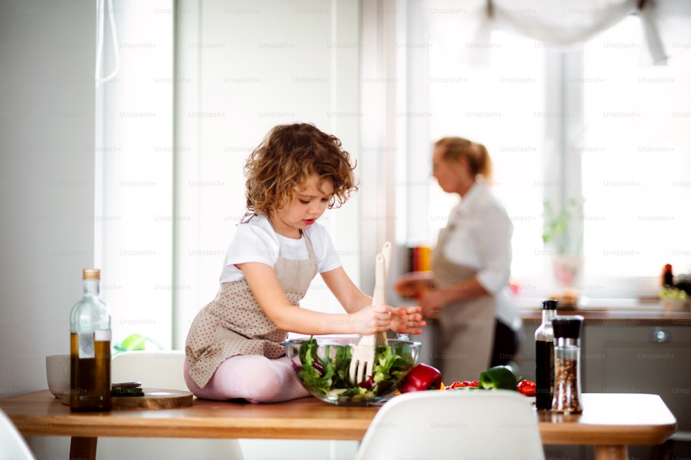 Un retrato de una niña pequeña con la abuela en una cocina en casa, preparando ensalada de verduras.