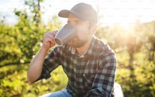 A front view of mature farmer with cup of coffee outdoors in orchard, resting.