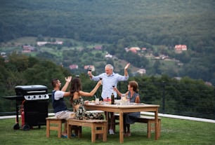 Portrait de personnes avec du vin en plein air sur barbecue de jardin familial, célébrant.