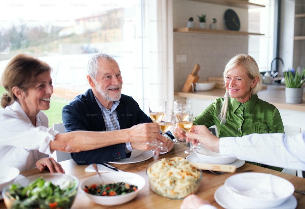 Group of senior friends enjoying dinner party at home, clinking glasses.