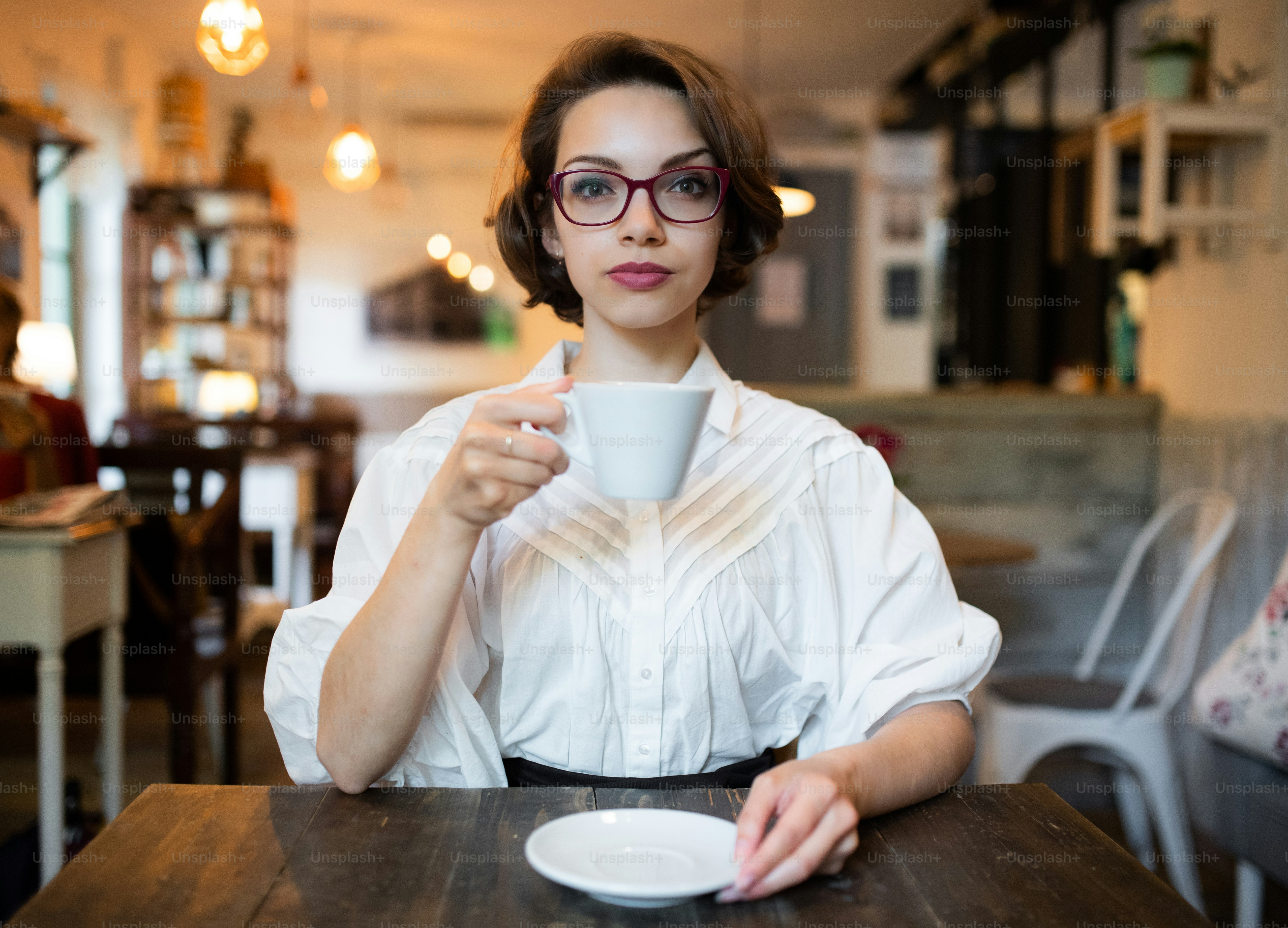 Porträt einer ernsten jungen Frau mit Kaffee drinnen im Café, die in die Kamera schaut.