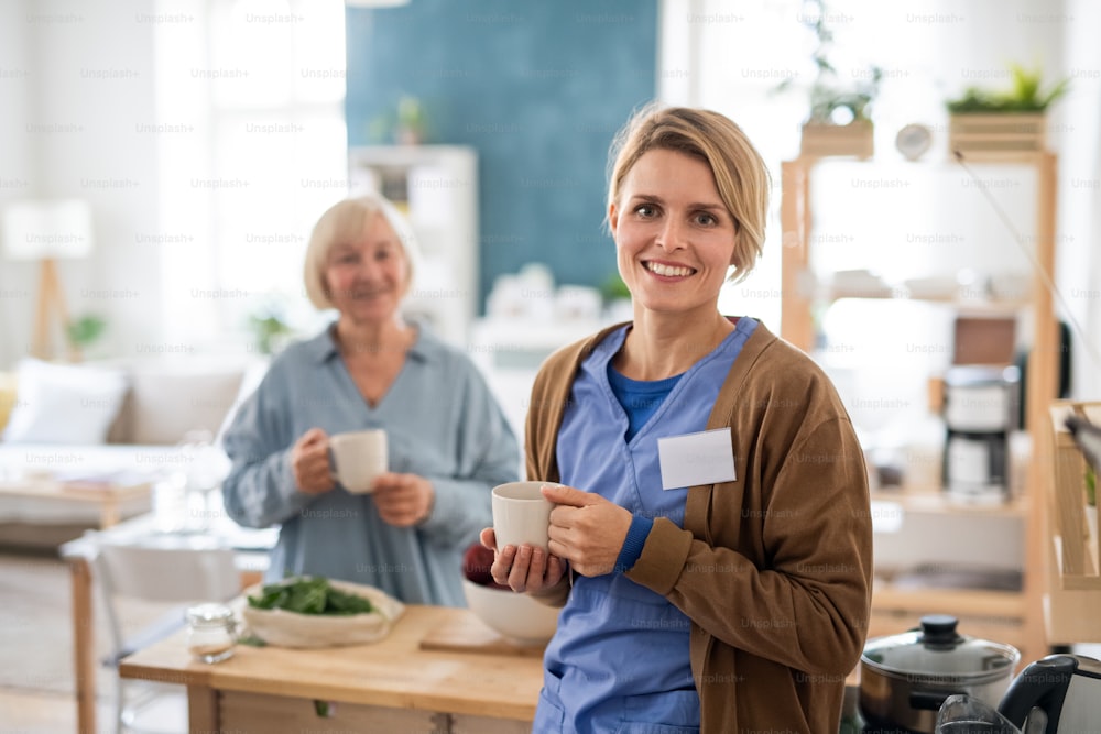 Portrait of senior woman with caregiver or healthcare worker indoors, drinking tea in kitchen.