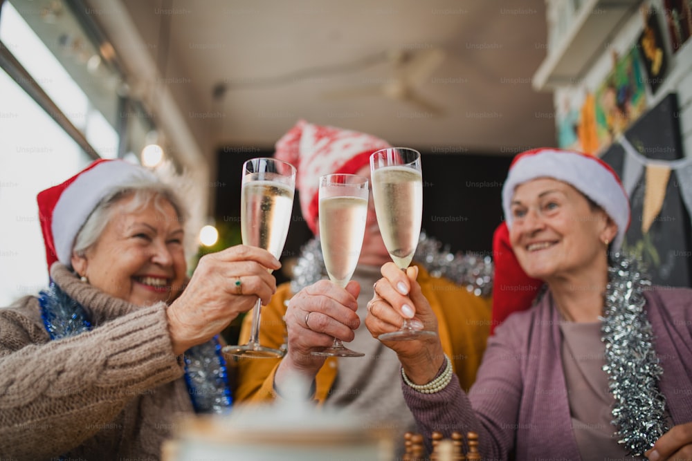 Felices amigos mayores sentados en el interior de un café tintineando copas de champán y celebrando la Navidad.