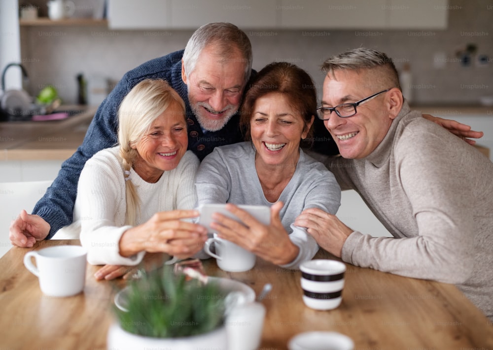 Group of senior friends at home, taking selfie with smartphone.