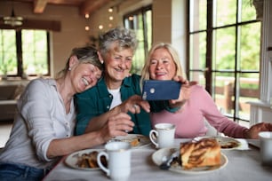 幸せな年配の女性の友人がコーヒーとケーキを持ち、家の屋内で自分撮りをする。