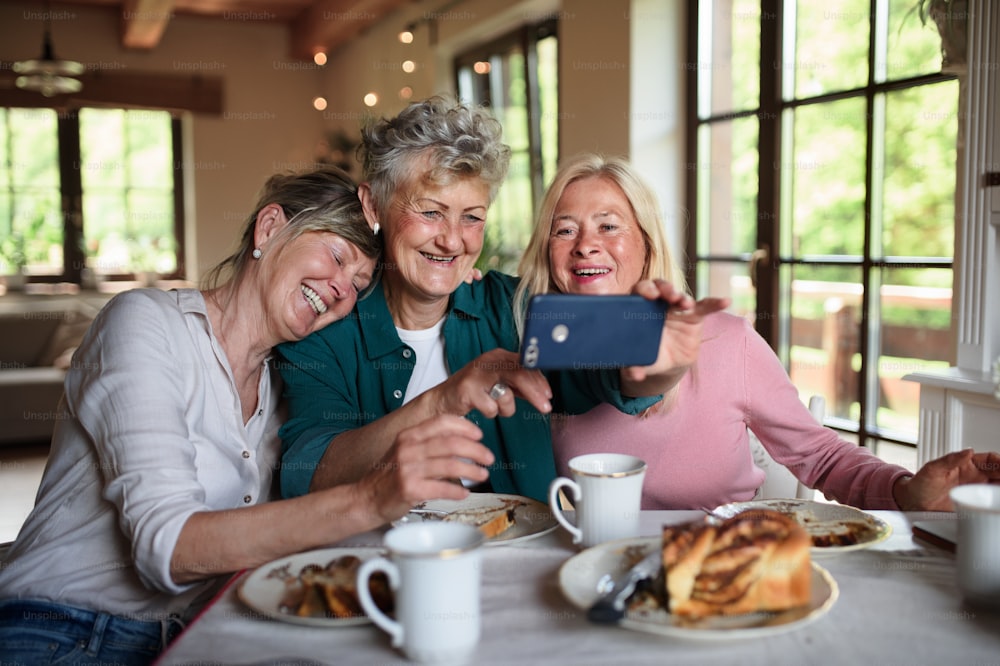 Happy senior female friends having coffee and cake and taking selfie indoors at home.