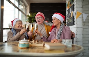 Happy senior friends sitting indoors in a cafe clinking champagne glasses and celebrating Christmas.