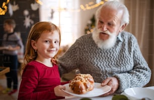 Portait of small girl with senior grandfather indoors at home at Christmas, looking at camera.