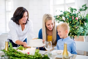 Un niño pequeño con madre mirando a la abuela poniendo un pastel en la mesa en casa en Navidad.