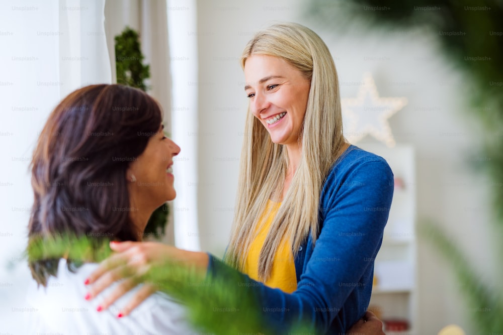 A senior woman with adult daughter at home at Christmas time, looking at each other.