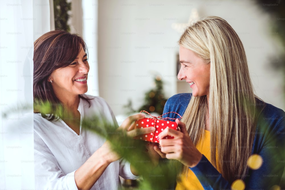 A happy senior woman giving a present to an adult daughter at home at Christmas time.