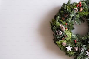 Christmas wreath on a white background. Flat lay. Copy space.