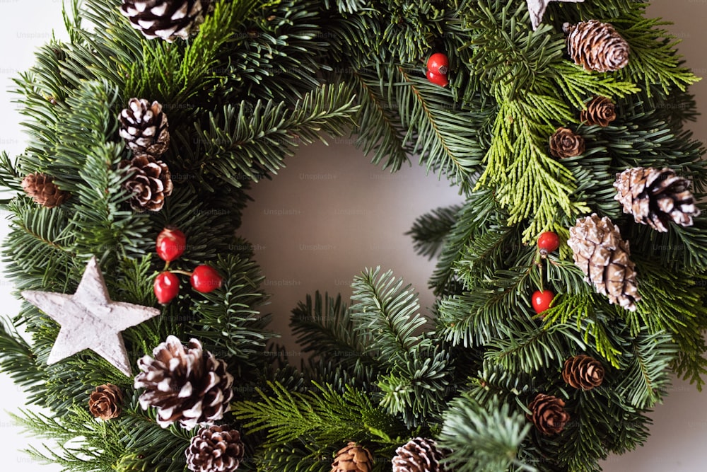 Christmas wreath on a white background. Flat lay. Close up.