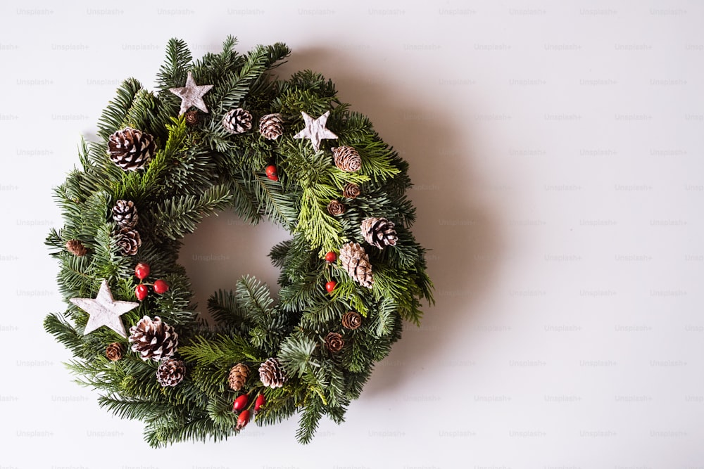 Christmas wreath on a white background. Flat lay. Copy space.