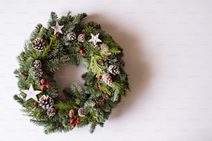 Christmas wreath on a white background. Flat lay. Copy space.