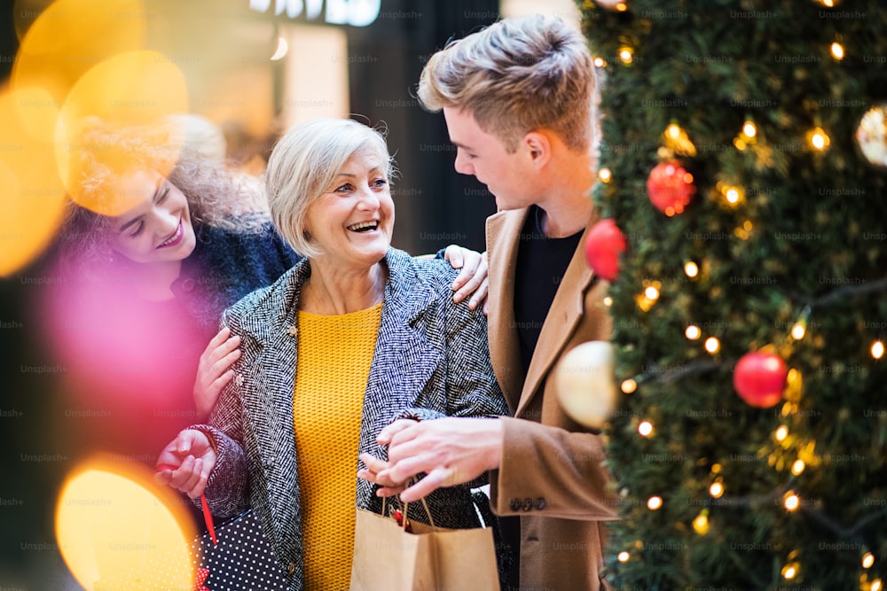 Um retrato de avó idosa feliz e netos adolescentes com sacos de papel em pé no centro comercial na época do Natal.