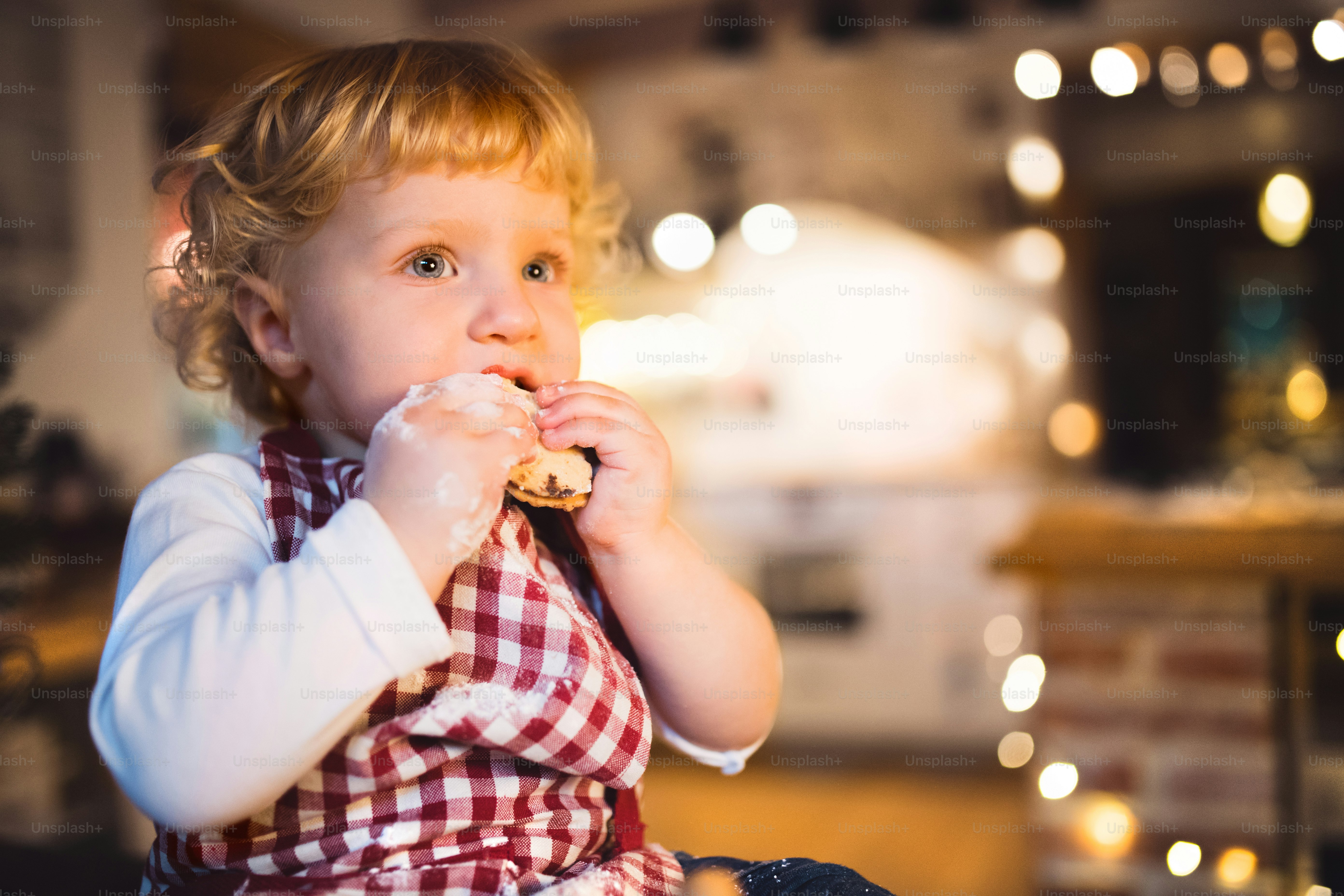 Balita laki-laki yang tidak dikenali membuat kue jahe di rumah. Anak laki-laki kecil duduk di atas meja, makan. Waktu Natal. Tutup dekat.