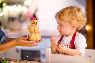 Unrecognizable woman and toddler boy making cookies at home. Mother and son baking gingerbread Christmas cookies.