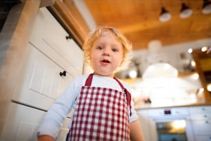 クリスマスの時期に台所で幸せな幼児の男の子。
