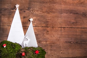 Christmas composition on a wooden background. Flat lay. Copy space.