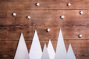 Christmas composition on a wooden background. Flat lay. Copy space.