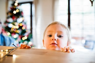 Cute little girl in kitchen at Christmas time.