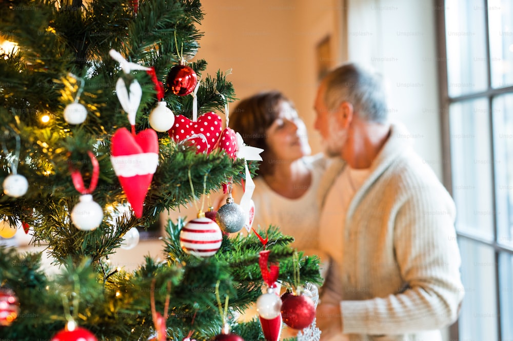 Coppia anziana che decora l'albero di Natale a casa. Uomo e donna che si guardano. Sentirsi felici.