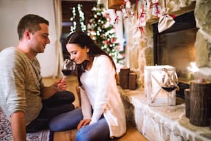 Schönes junges Paar, das auf dem Boden vor dem Kamin sitzt und Rotwein trinkt. Weihnachtszeit.