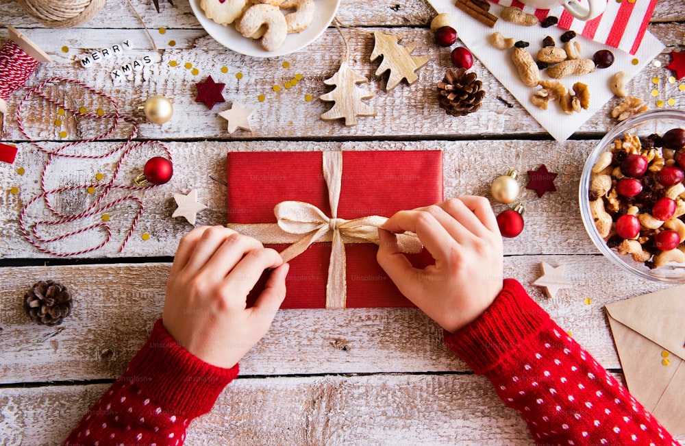 Christmas composition on a vintage wooden background. Flat lay.