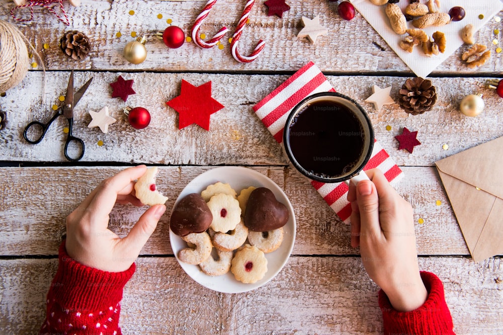 Christmas composition on a vintage wooden background. Flat lay.