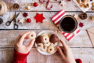 Christmas composition on a vintage wooden background. Flat lay.