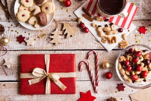 Christmas composition on a vintage wooden background. Flat lay. Close up.