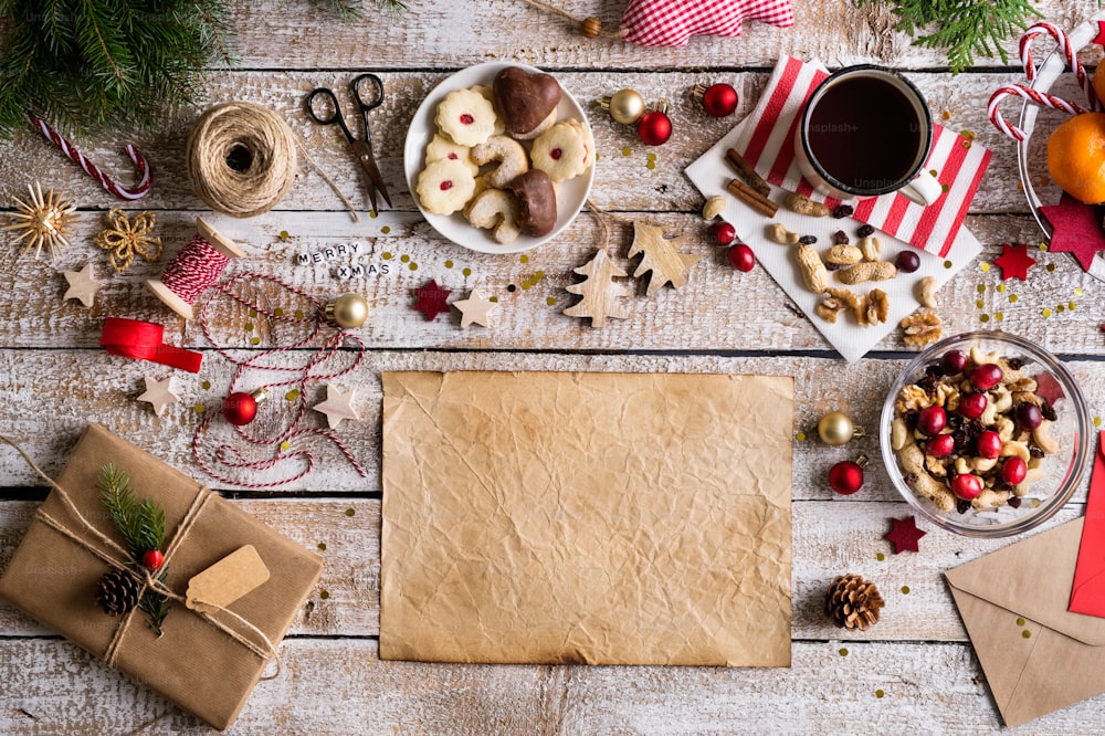 Christmas composition on a vintage wooden background. Flat lay. Copy space.