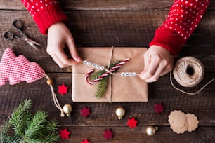 Christmas composition on a vintage wooden background. Flat lay.