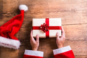 Christmas composition. Studio shot on wooden background.