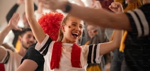 Des supporters de football allemands célèbrent la victoire de leur équipe dans un stade.