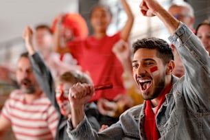 Excited football fans supproting an Austrian national team in live soccer match at stadium.