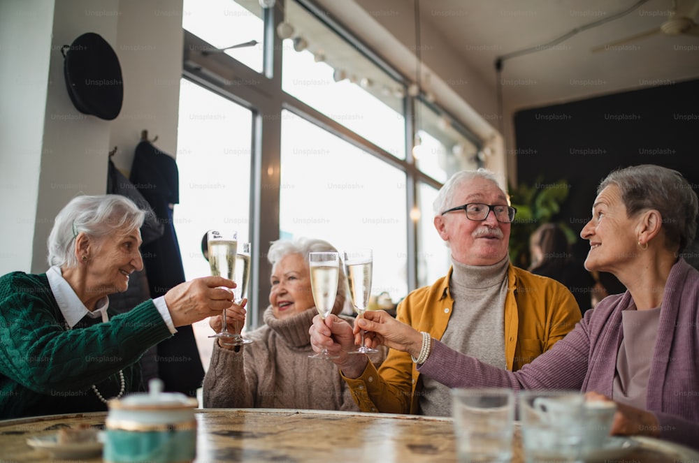 Amigos idosos felizes sentados dentro de casa em um café piscando taças de champanhe e celebrando