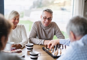 Group of cheerful senior friends at home, playing board games.