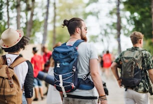 Vista posteriore di un gruppo di giovani amici al festival estivo o in vacanza in campeggio, a piedi.