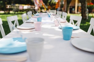Table set for a summer garden party, birthday celebration concept.