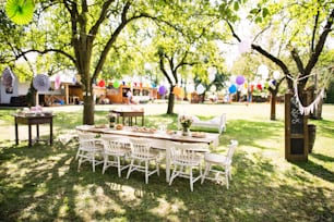 Table set for a garden party or celebration outside. Flowers and snacks on the decorated table in the garden.