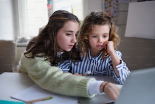 Portrait of sisters schoolgirls learning online indoors at home, coronavirus concept.