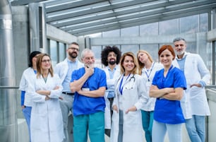 Group of doctors standing on conference, front view portrait of medical team.