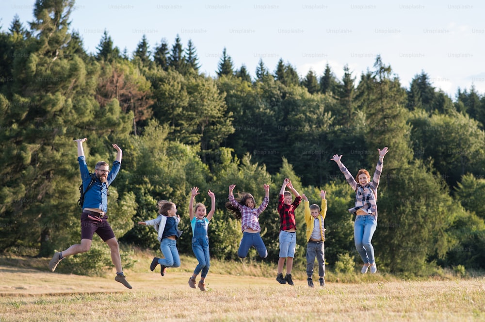 A group of small school children with teacher on field trip in nature, jumping.