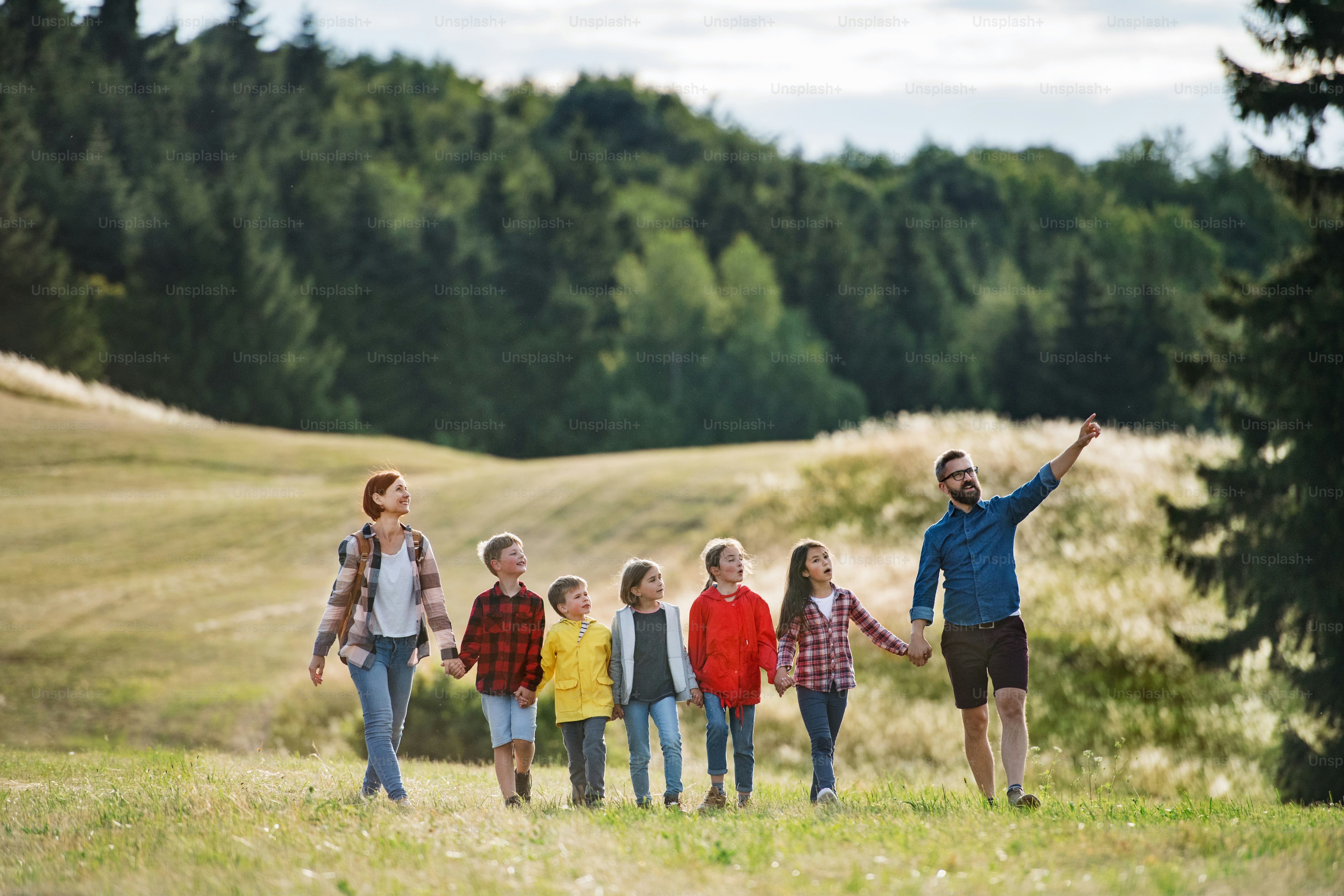 A group of small school children with teacher on field trip in nature ...